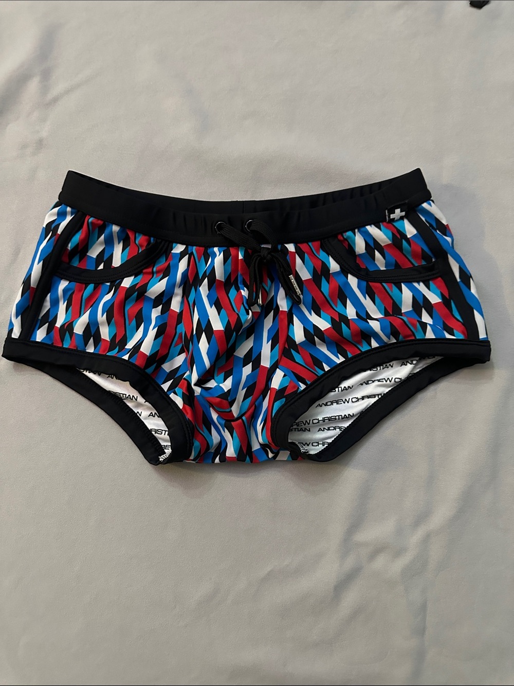 Andrew Christian Red Blue White Geometric Swim Shorts